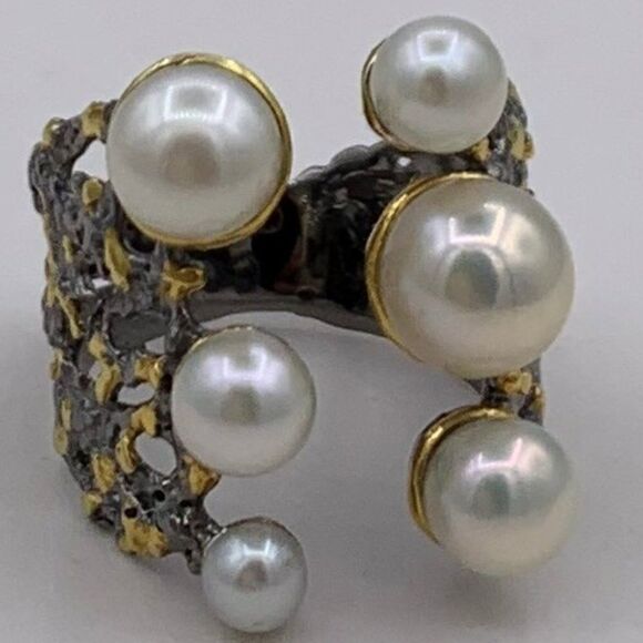 Ring, NWOT, real pearls, 925 sterling silver, 22 K gold, adjustable, statement - Picture 7 of 16